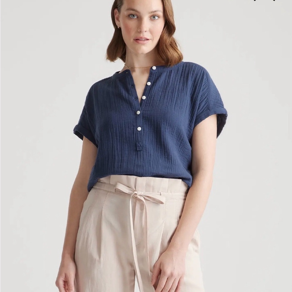 Quince Organic Cotton Gauze Roll Sleeve Shirt Blue - Large - Picture 6 of 8